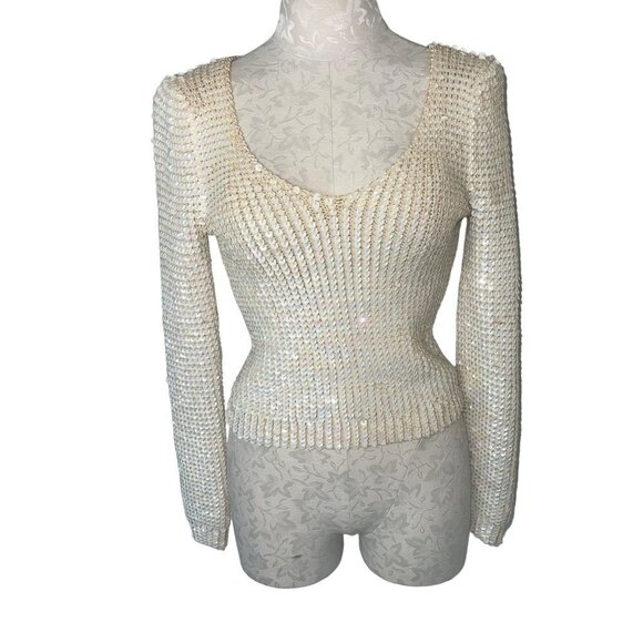 Sequin Vintage Womens Sweater Size Small Cream Knit Long Sleeve Scoop Neck - Picture 11 of 11